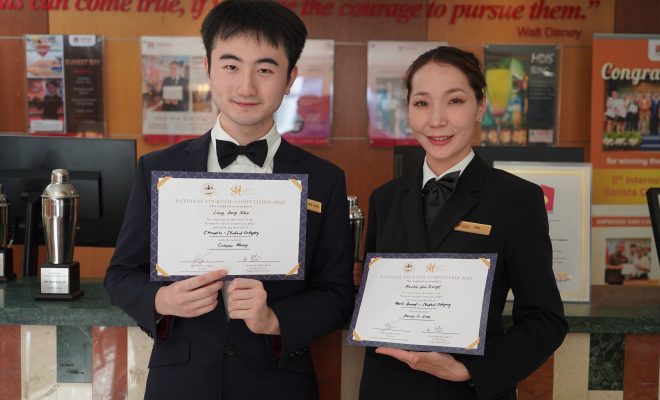 Winners of the National Mocktail Competition 2023 Student Category from MDIS School of Tourism and Hospitality with their certificates.